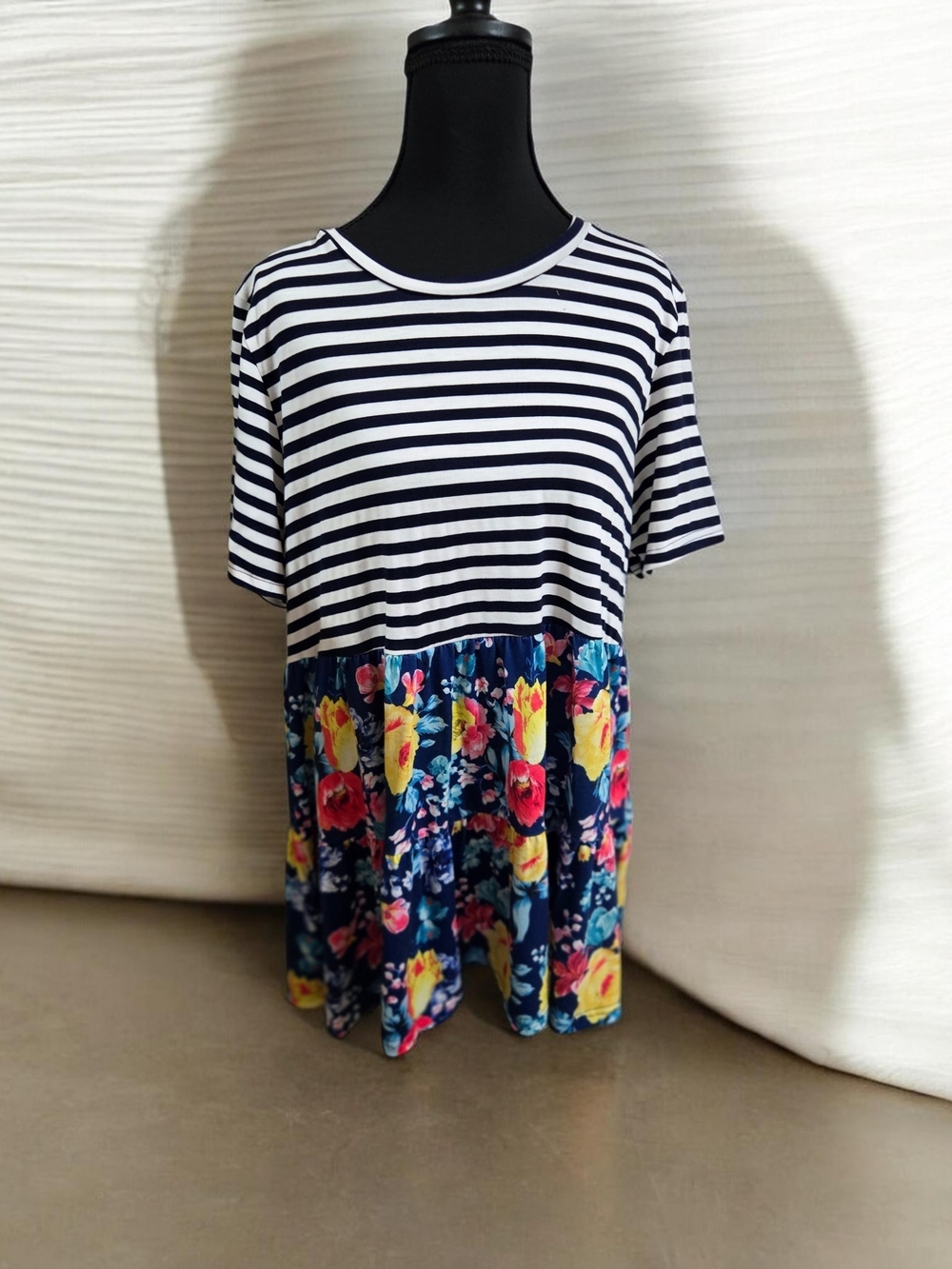 Navy & White Striped Top with Navy Floral Hem Size L By Southern Stitch EUC